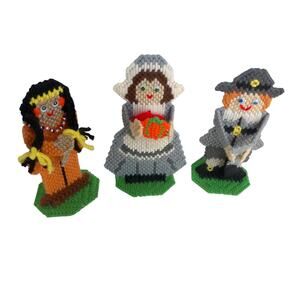 Vintage Thanksgiving Canvas Needlepoint Pilgrim Indian Table Decor Set Of 3